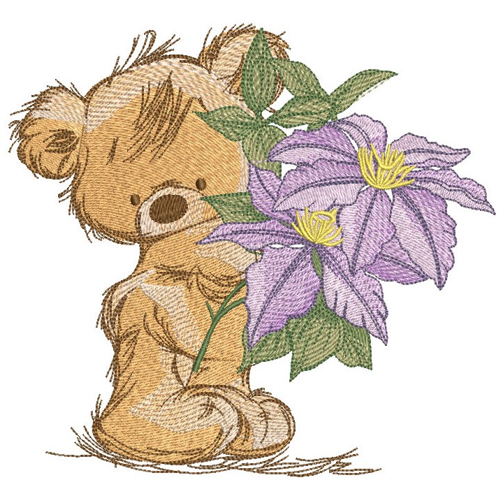 Teddy bear with a bouquet of hydrangeas embroidery design - Embroidery Design