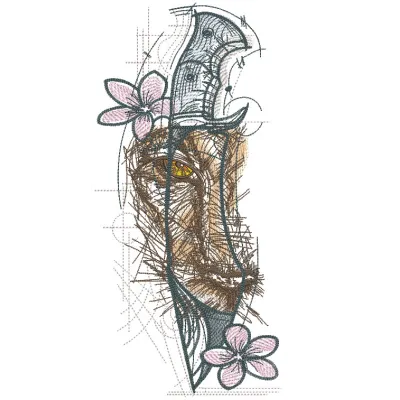 Intricate knife lion embroidery design showcasing a fierce lion's face with detailed stitching and vibrant colors.