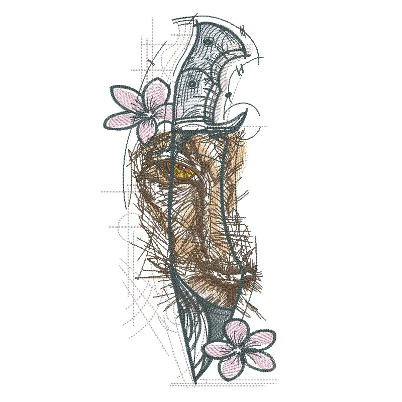 Intricate knife lion embroidery design showcasing a fierce lion's face with detailed stitching and vibrant colors.
