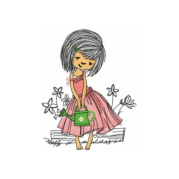 Girl with watering can 2 embroidery design - Embroidery Design