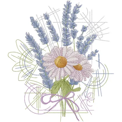 Bouquet of daisies and lavender embroidery design featuring vibrant flowers on a textured fabric.