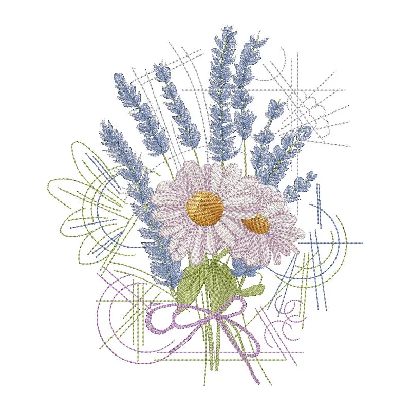 Bouquet of daisies and lavender embroidery design featuring vibrant flowers on a textured fabric.