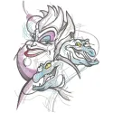 Ursula with snakes embroidery design featuring vibrant colors and intricate details from The Little Mermaid.