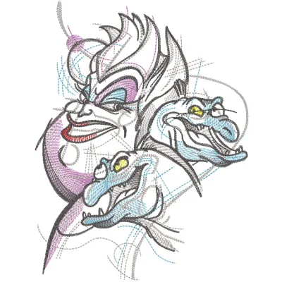 Ursula with snakes embroidery design featuring vibrant colors and intricate details from The Little Mermaid.