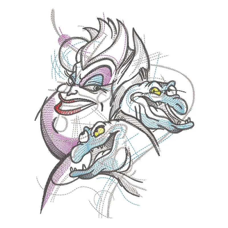 Ursula with snakes embroidery design featuring vibrant colors and intricate details from The Little Mermaid.