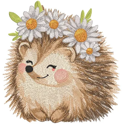 Hedgehog in a wreath of daisies embroidery design featuring a cute hedgehog surrounded by vibrant white daisies.