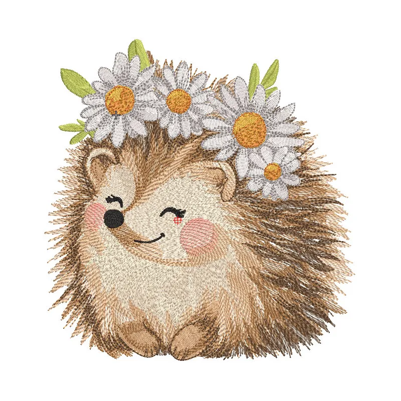 Hedgehog in a wreath of daisies embroidery design featuring a cute hedgehog surrounded by vibrant white daisies.