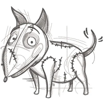 Frankenweenie sketch embroidery design featuring a whimsical, spooky dog illustration perfect for Halloween decor.