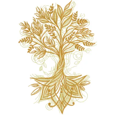 Gold tree of life embroidery design featuring intricate stitching and a vibrant summer theme.