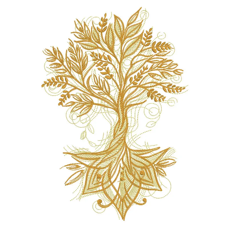 Gold tree of life embroidery design featuring intricate stitching and a vibrant summer theme.