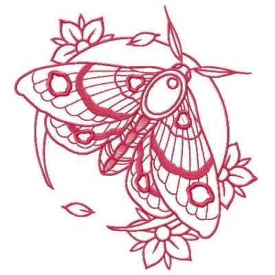 Pink moth and flowers embroidery design preview showing delicate stitching pattern