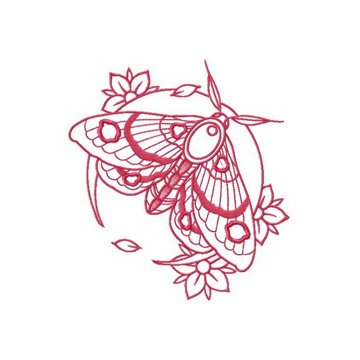 Pink moth and flowers embroidery design - Embroidery Design