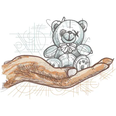 Crazy teddy bear on the palm embroidery design featuring a colorful, whimsical bear with intricate stitching details.