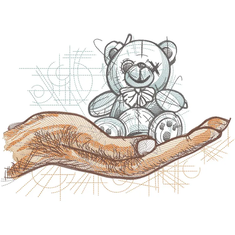 Crazy teddy bear on the palm embroidery design featuring a colorful, whimsical bear with intricate stitching details.