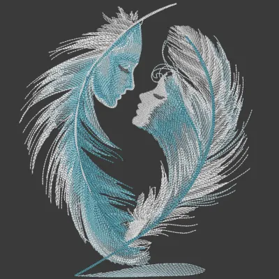 Two feathers entwined with a heart, showcasing the 'Two Feathers Write One Love Story' embroidery design.