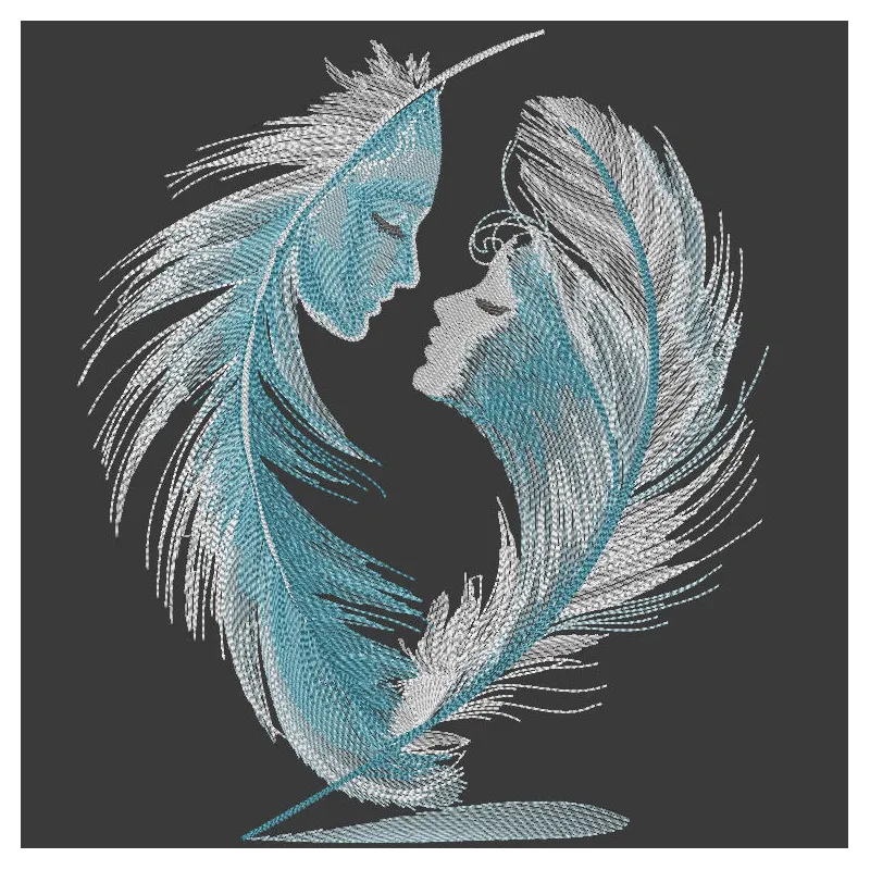Two feathers entwined with a heart, showcasing the 'Two Feathers Write One Love Story' embroidery design.