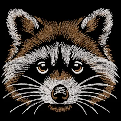Raccoon Wildlife Charm embroidery design featuring a detailed raccoon illustration among woodland elements.