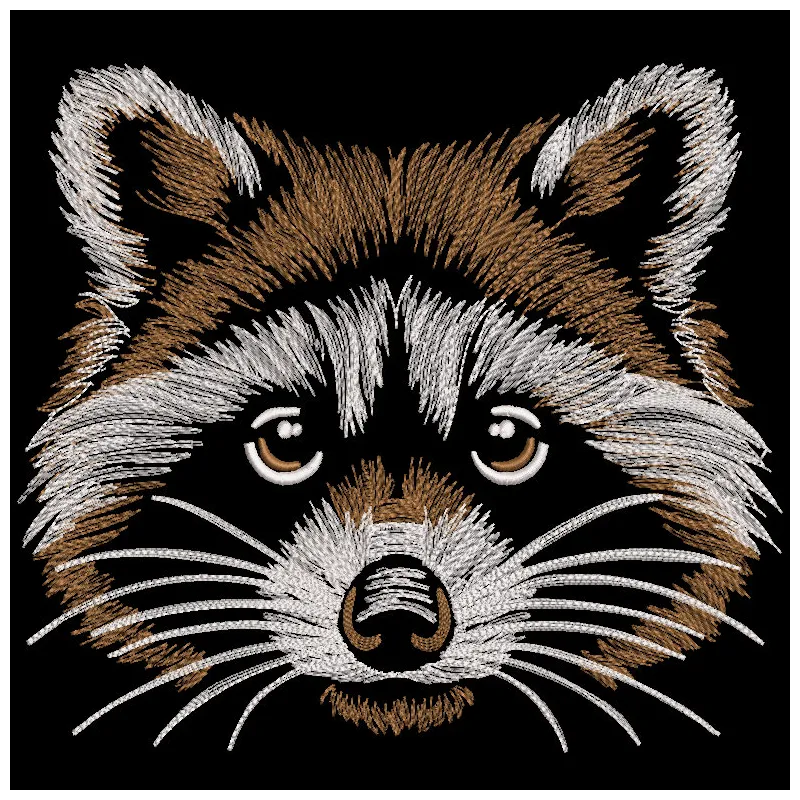 Raccoon Wildlife Charm embroidery design featuring a detailed raccoon illustration among woodland elements.