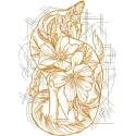 Embroidery design featuring a cat surrounded by vibrant flower patterns.