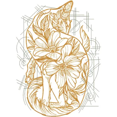 Embroidery design featuring a cat surrounded by vibrant flower patterns.