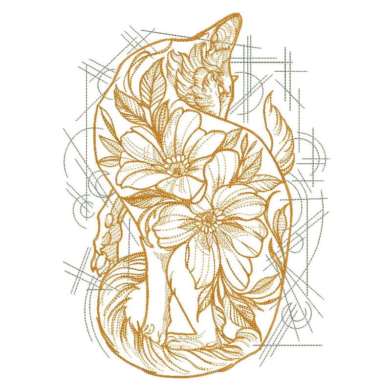 Embroidery design featuring a cat surrounded by vibrant flower patterns.