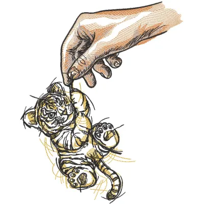 Hand embroidery design featuring a tiger cub, showcasing intricate stitching and vibrant colors.