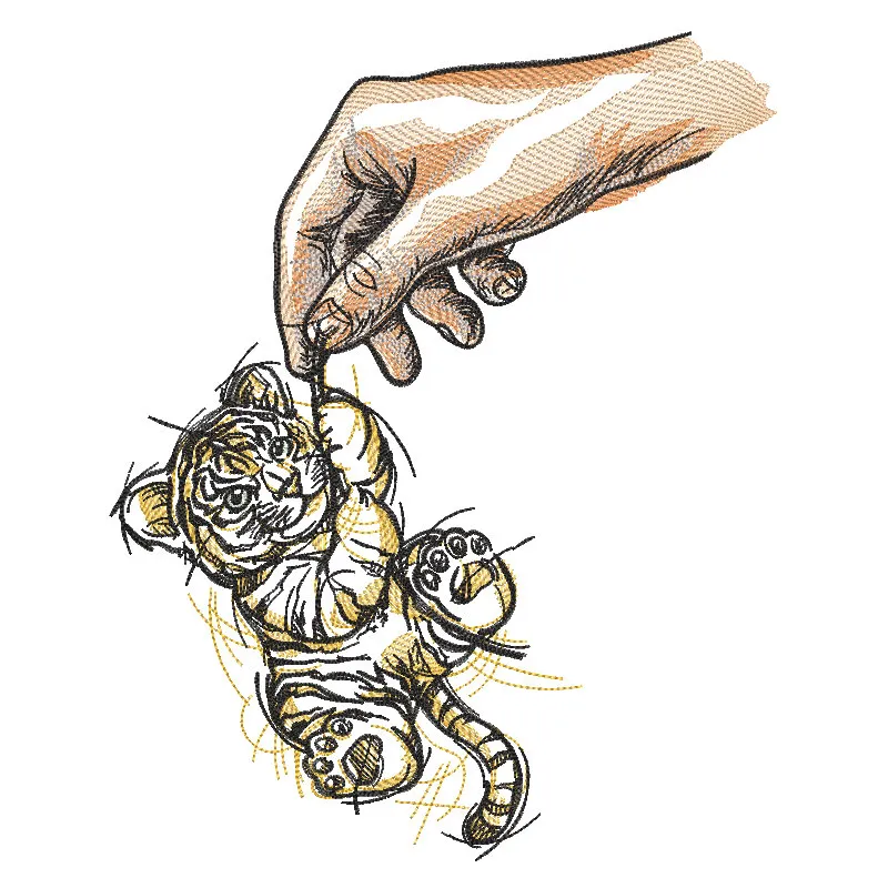Hand embroidery design featuring a tiger cub, showcasing intricate stitching and vibrant colors.