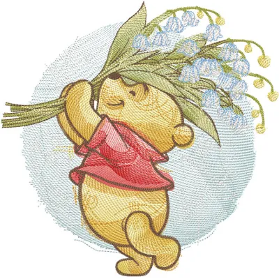 Winnie the Pooh carrying lilies of the valley in a detailed embroidery design, featuring soft colors and intricate stitching.