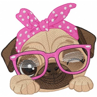 Pug dog in pink glasses embroidery design - Embroidery Design