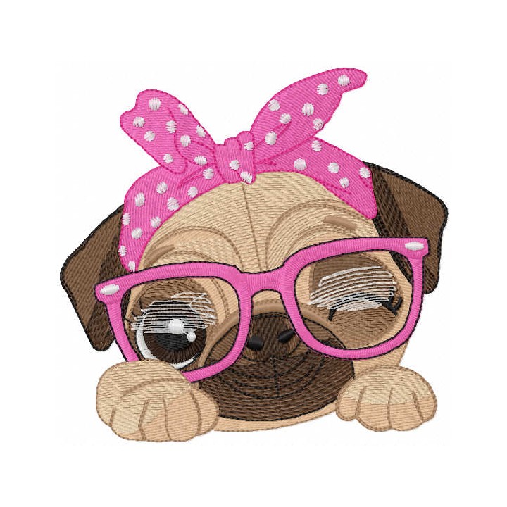 Pug dog in pink glasses embroidery design - Embroidery Design