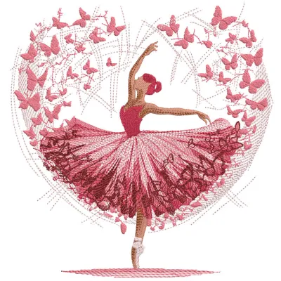 Ballet in my heart embroidery design featuring elegant ballet shoes and heart motifs in soft pastel colors.
