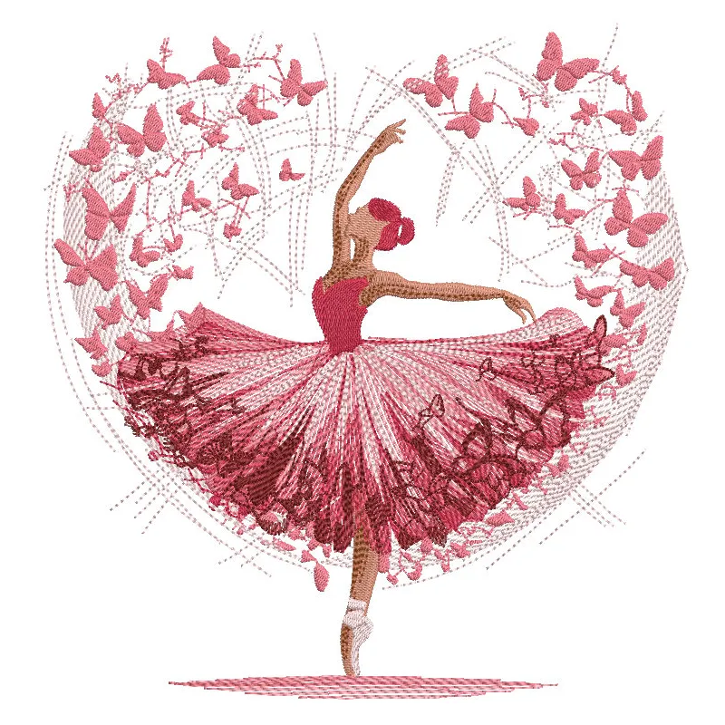 Ballet in my heart embroidery design featuring elegant ballet shoes and heart motifs in soft pastel colors.