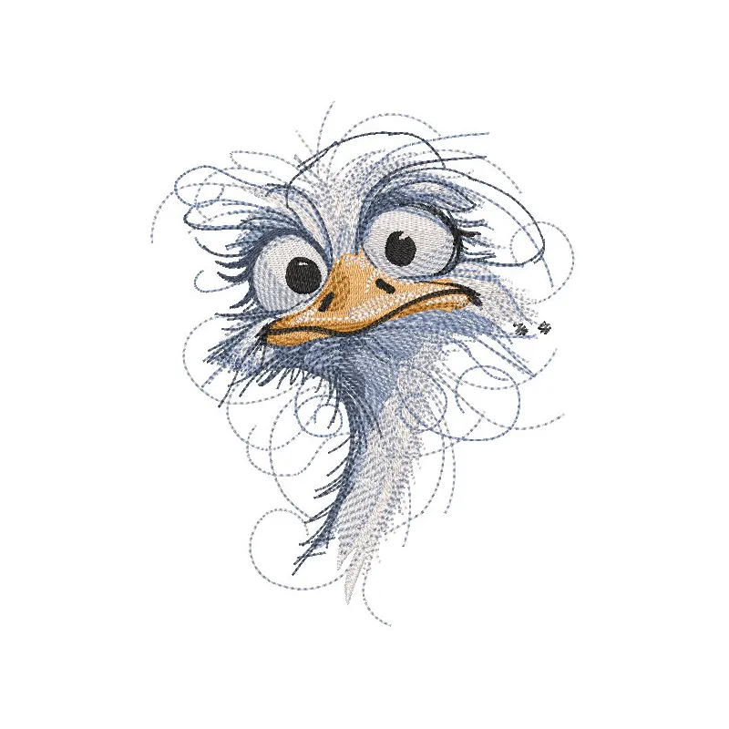 A colorful funny ostrich embroidery design showcasing a whimsical ostrich with vibrant thread detailing.