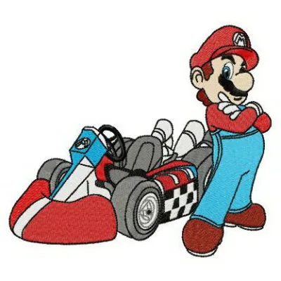 Mario Kart embroidery design preview showing colorful stitched racing scene