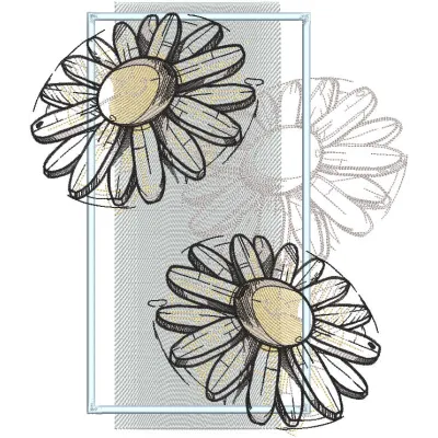 Embroidery design featuring three delicate daisies with vibrant petals and intricate stitching details.