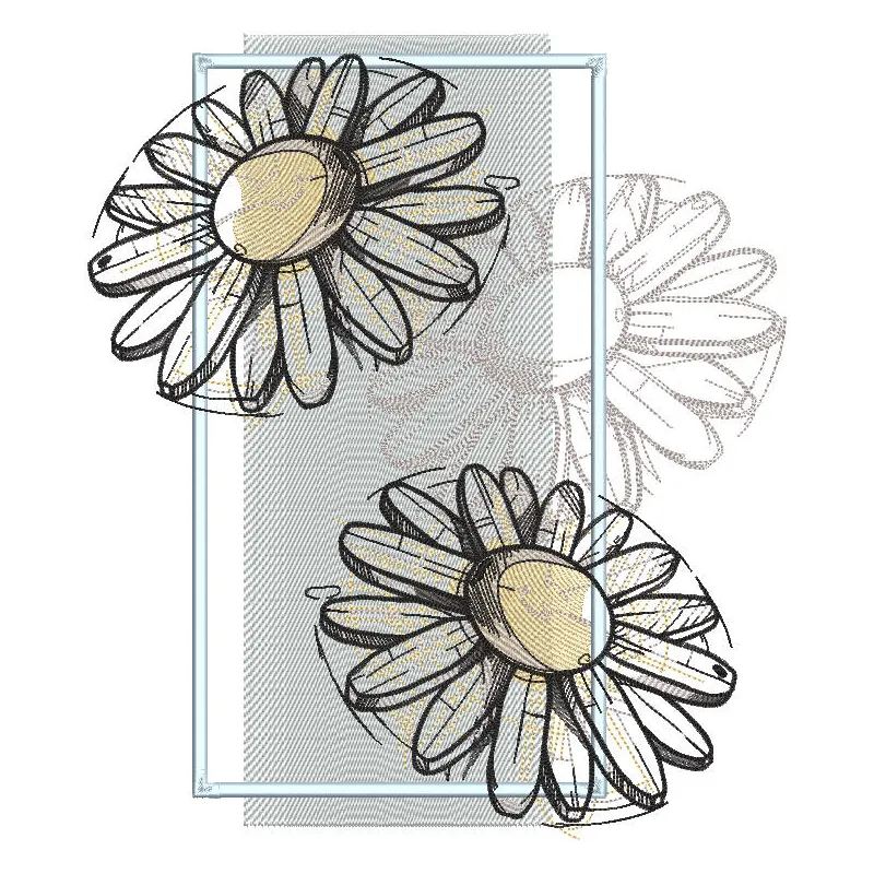 Embroidery design featuring three delicate daisies with vibrant petals and intricate stitching details.