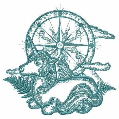 Quest for Unicorn embroidery design preview showing colorful stitched unicorn with magical details