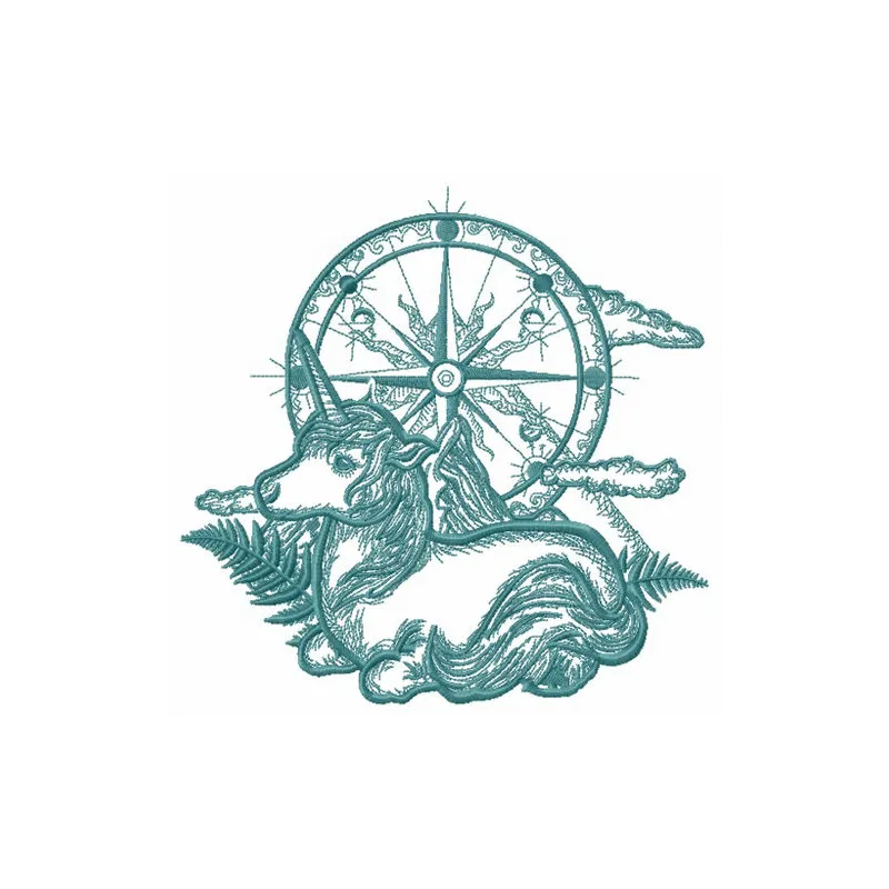 Quest for Unicorn embroidery design preview showing colorful stitched unicorn with magical details