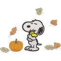 Autumn Snoopy and Woodstock embroidery design featuring Snoopy in a fall scene with colorful leaves.