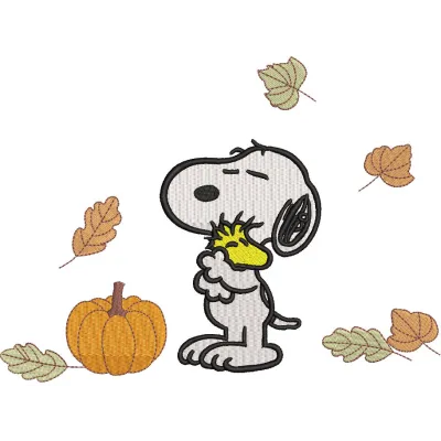 Autumn Snoopy and Woodstock embroidery design featuring Snoopy in a fall scene with colorful leaves.