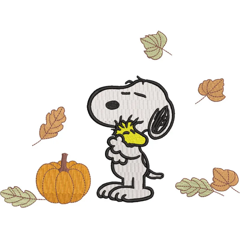 Autumn Snoopy and Woodstock embroidery design featuring Snoopy in a fall scene with colorful leaves.