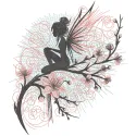 Embroidery design of a fairy sitting on a blossoming sakura tree, showcasing intricate details and vibrant colors.