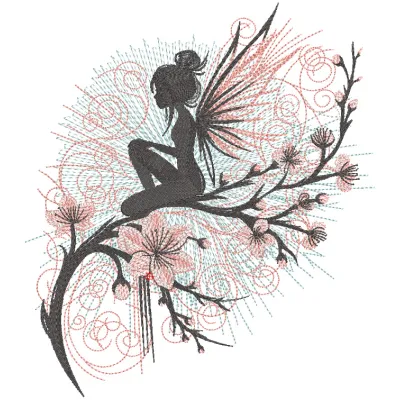 Embroidery design of a fairy sitting on a blossoming sakura tree, showcasing intricate details and vibrant colors.