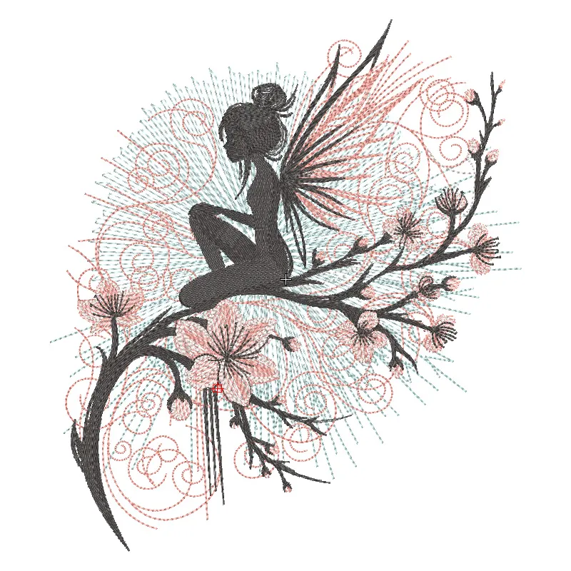 Embroidery design of a fairy sitting on a blossoming sakura tree, showcasing intricate details and vibrant colors.