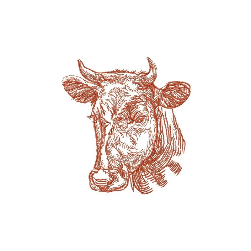 Kind cow embroidery design featuring a gentle cow face with a friendly expression