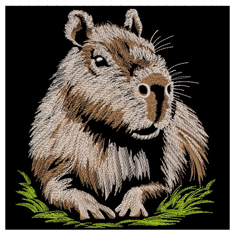 A detailed Capybara on Grass embroidery design showcasing intricate stitches and vibrant colors.