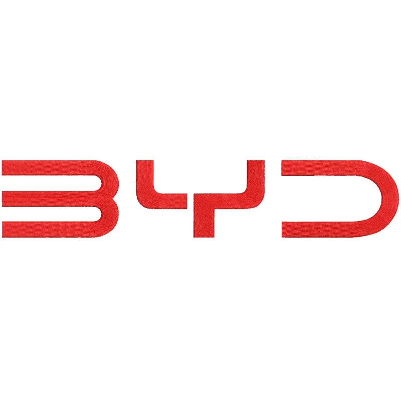 BYD classic logo embroidery design showcased on a textured fabric background, highlighting intricate stitching details.