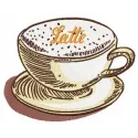Latte 2 embroidery design featuring a steaming coffee cup with decorative details