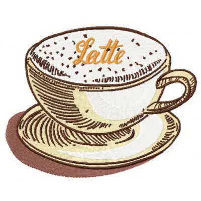 Latte 2 embroidery design featuring a steaming coffee cup with decorative details