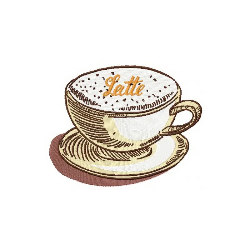 Latte 2 embroidery design featuring a steaming coffee cup with decorative details